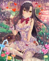 Rule 34 | 1girl, black hair, bow, breasts, candy, candy cane, chocolate, chocolate on body, chocolate on breasts, cleavage, earrings, falkyrie no monshou, food, food on body, headdress, heart, heart earrings, jewelry, large breasts, long hair, looking at viewer, natsumekinoko, navel, official art, red bow, red ribbon, ribbon, sitting, solo, thighhighs, valentine, white thighhighs, yellow eyes