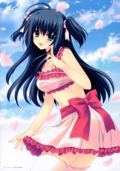 Rule 34 | 1girl, :d, absurdres, ahoge, black hair, blue eyes, blush, cherry blossoms, cloud, cowboy shot, day, from side, hair ribbon, halterneck, head tilt, highres, index finger raised, looking at viewer, looking to the side, navel, nishimata aoi, open mouth, pink thighhighs, polka dot, ribbon, scan, shuffle! essence+, skirt, sky, smile, standing, thighhighs, two side up, yae sakura, zettai ryouiki