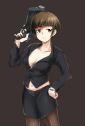 Rule 34 | 10s, 1girl, blunt bangs, breasts, brown eyes, brown hair, cleavage, dark background, expressionless, gun, hand on own hip, highres, large breasts, midriff, navel, no bra, pantyhose, pencil skirt, psycho-pass, q q 958023, short hair, skirt, solo, tsunemori akane, weapon