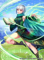 Rule 34 | 1girl, armpits, blue sky, book, boots, breasts, cape, cloud, commentary, company name, copyright name, day, dress, earrings, fetra (fire emblem), fingernails, fire emblem, fire emblem: genealogy of the holy war, fire emblem cipher, grass, holding, holding book, jewelry, knee boots, looking at viewer, magic, matsurika youko, medium breasts, nintendo, ocean, official art, open book, outdoors, parted lips, red eyes, short hair, silver hair, sky, sleeveless, sleeveless dress, solo, water, wide sleeves