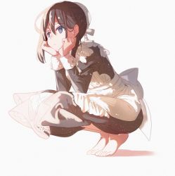Rule 34 | 1girl, apron, barefoot, blue eyes, brown hair, head rest, elbows on knees, full body, highres, huge filesize, juliet sleeves, long sleeves, looking afar, maid, maid apron, maid cap, original, puffy sleeves, simple background, solo, squatting, stoolpower, white background