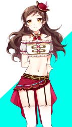 Rule 34 | 1girl, arms behind back, belt, belt buckle, blue background, brown hair, buckle, detached collar, earrings, floating hair, garter straps, groin, hat, idolmaster, idolmaster million live!, idolmaster million live! theater days, jewelry, kitazawa shiho, long hair, looking at viewer, microskirt, midriff, mini hat, navel, off shoulder, red hat, red skirt, sketch, skirt, solo, standing, stomach, thighhighs, touon, two-tone background, white background, white thighhighs, yellow eyes