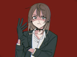 1girl black_choker black_gloves black_jacket blood blood_on_face choker collared_shirt commentary dress_shirt earrings girls_band_cry gloves grey_eyes grey_hair haidao_mao highres jacket jewelry kawaragi_momoka long_hair multicolored_hair open_mouth putting_on_gloves red_background roots_(hair) shirt simple_background solo upper_body white_shirt