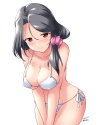 Rule 34 | 1girl, absurdres, alternate hairstyle, bikini, blush, breasts, cleavage, closed mouth, commentary, cowboy shot, dated, freckles, girls und panzer, grey eyes, grey hair, hair ornament, hair over shoulder, hair scrunchie, half-closed eyes, highres, kuzuryuu kennosuke, large breasts, leaning forward, long hair, looking at viewer, one-hour drawing challenge, piyotan (girls und panzer), ponytail, purple scrunchie, scrunchie, side-tie bikini bottom, simple background, skindentation, smile, solo, standing, swimsuit, thigh gap, twitter username, v arms, white background, white bikini