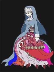 Rule 34 | 1girl, black background, blonde hair, cross, cross necklace, double (skullgirls), extra arms, extra eyes, extra mouth, closed eyes, jewelry, monster, monster girl, necklace, nun, red eyes, sakiki gkt, skullgirls, smile, solo, tongue, tongue out