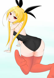 Rule 34 | 1girl, all fours, arc system works, artist request, ass, back, bare shoulders, blazblue, blonde hair, from behind, hair ribbon, leotard, long hair, looking at viewer, looking back, open mouth, parted lips, rachel alucard, red eyes, red thighhighs, ribbon, thighhighs, twintails, wrist cuffs