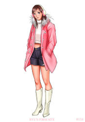 Rule 34 | 1girl, boots, brown eyes, brown hair, coat, earmuffs, full body, high heels, midriff, pink coat, ryu (ryu&#039;s form site), shoes, shorts, simple background, solo, standing, white background