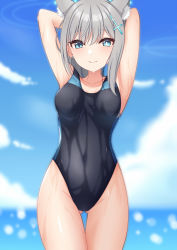 Rule 34 | 1girl, animal ear fluff, animal ears, armpits, arms behind head, black one-piece swimsuit, blue archive, blue eyes, blue sky, blurry, cloud, cloudy sky, commentary request, competition school swimsuit, cross, depth of field, grey hair, hair between eyes, halo, highleg, highleg swimsuit, highres, horizon, inverted cross, looking at viewer, mismatched pupils, ocean, one-piece swimsuit, school swimsuit, shiroko (blue archive), short hair, sidelocks, sky, sleeveless, solo, swimsuit, thighs, wet, wet clothes, wet swimsuit, wolf ears, wolf girl, yoiyami mutsuki