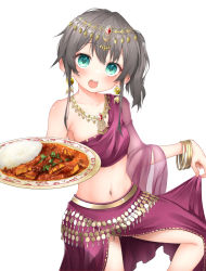 Rule 34 | 1girl, :d, absurdres, blouse, bracelet, circlet, commentary request, crop top, curry, earrings, food, gem, green eyes, grey hair, highres, holding, holding plate, hololive, jewelry, looking at viewer, natsuiro matsuri, navel, necklace, open mouth, pepushi drow, plate, purple shirt, red gemstone, shirt, side ponytail, simple background, single-shoulder shirt, single bare shoulder, single sleeve, skirt, skirt hold, smile, solo, standing, standing on one leg, stomach, teeth, upper teeth only, virtual youtuber, white background