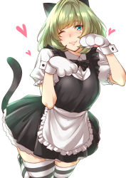 Rule 34 | 1girl, animal hands, apron, black neckwear, black skirt, blue eyes, bow, bowtie, breasts, brown hair, cat paws, claw pose, collared shirt, frilled skirt, frills, heart, highres, idolmaster, idolmaster cinderella girls, looking at viewer, maid, maid apron, medium breasts, mole, mole under eye, one eye closed, puffy short sleeves, puffy sleeves, shirt, short hair, short sleeves, shouji nigou, simple background, skirt, smile, striped clothes, striped thighhighs, tail, takagaki kaede, thighhighs, white apron, white background, white shirt, zettai ryouiki