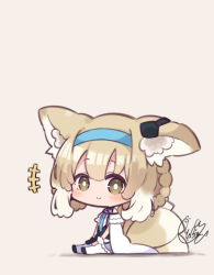 Rule 34 | +++, 1girl, animal ear fluff, animal ears, arknights, bare shoulders, beni shake, black footwear, black gloves, blonde hair, blue hairband, blush, braid, braided hair rings, brown eyes, chibi, closed mouth, commentary request, fox ears, fox girl, fox tail, gloves, grey background, hair between eyes, hair rings, hairband, looking at viewer, multicolored hair, pantyhose, purple skirt, shadow, shirt, shoes, signature, simple background, single glove, sitting, skirt, smile, solo, suzuran (arknights), tail, twin braids, two-tone hair, white hair, white pantyhose, white shirt