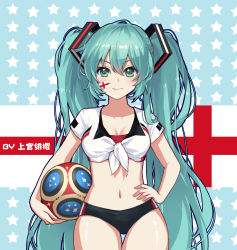 Rule 34 | 1girl, 2018 fifa world cup, alternate costume, aqua hair, ball, blue background, blush, breasts, buruma, chinese commentary, cleavage, collarbone, commentary, cowboy shot, crop top, england, english flag, facial tattoo, front-tie top, green eyes, hair between eyes, hand on own hip, hatsune miku, holding, holding ball, jokanhiyou, long hair, looking at viewer, medium breasts, midriff, navel, pink lips, shiny skin, shirt, short sleeves, smile, soccer, soccer ball, solo, standing, star (symbol), starry background, stomach, tattoo, thighs, tied shirt, twintails, very long hair, vocaloid, white shirt, world cup