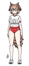 Rule 34 | 1girl, acesrulez, alternate costume, bird girl, bird tail, bird wings, black hair, blush, brown hair, buruma, comic, commentary request, full body, gym shirt, gym uniform, head wings, kemono friends, multicolored hair, name tag, northern white-faced owl (kemono friends), orange eyes, owl ears, red buruma, shirt, shoes, short hair, short sleeves, solo, t-shirt, tail, translation request, uwabaki, white footwear, white shirt, wings