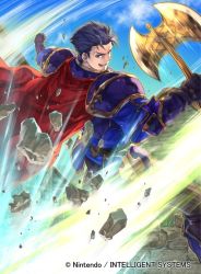 Rule 34 | 1boy, armor, axe, blue hair, cape, company name, debris, fire emblem, fire emblem: the blazing blade, fire emblem cipher, hector (fire emblem), looking at viewer, nintendo, open mouth, outdoors, outstretched arms, shoulder armor, suzuki rika