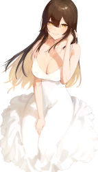 Rule 34 | 1girl, absurdres, bare shoulders, blush, breasts, brown eyes, brown hair, cleavage, collarbone, dress, highres, large breasts, long hair, looking at viewer, original, rororo, smile, solo, white background, white dress