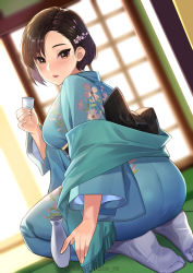 Rule 34 | 1girl, aqua kimono, ass, asymmetrical bangs, back bow, black bow, blurry, blurry background, blush, bow, breasts, brown eyes, brown hair, choko (cup), commentary request, cup, depth of field, floral print, from side, hair ornament, hairclip, highres, holding, holding cup, indoors, japanese clothes, kagematsuri, kimono, long sleeves, looking at viewer, looking back, medium breasts, original, parted lips, print kimono, seiza, short hair, sitting, solo, tabi, tokkuri, twitter username, white legwear, wide sleeves