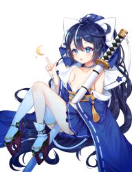 Rule 34 | + +, 1girl, :d, absurdres, azur lane, bare shoulders, between legs, black footwear, blue eyes, blue hair, blue kimono, blue skirt, blush, bow, breasts, cleavage, collarbone, commentary request, crescent, detached sleeves, fang, full body, hair between eyes, hair bow, hand up, high ponytail, highres, index finger raised, japanese clothes, katana, kimono, long hair, long sleeves, medium breasts, multicolored hair, open mouth, platform clogs, platform footwear, pleated skirt, ponytail, reel (riru), ribbon-trimmed sleeves, ribbon trim, sandals, sheath, sheathed, short kimono, simple background, single sock, single thighhigh, sitting, skirt, smile, socks, solo, strapless, streaked hair, sword, thighhighs, very long hair, weapon, white background, white bow, white hair, white socks, wide sleeves, yoizuki (azur lane), zouri