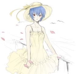 Rule 34 | 1girl, ayanami rei, bare shoulders, blue hair, blush, breasts, cleavage, colorized, dress, hat, neon genesis evangelion, railing, red eyes, short hair, small breasts, solo, straw hat, sundress, tusia