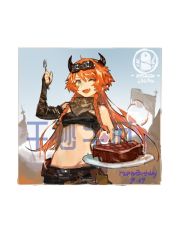 Rule 34 | 1girl, ;d, ahoge, arknights, arm up, belt, black horns, braid, cake, commentary request, croissant (arknights), croissant (seeker) (arknights), dated, detached sleeves, eyewear on head, fingerless gloves, food, fork, gloves, goggles, green eyes, hair between eyes, happy birthday, highres, holding, holding fork, horns, long hair, looking at viewer, navel, official alternate costume, one eye closed, open mouth, orange hair, pipidan, plate, single sleeve, smile, solo, standing, stomach, upper body, watermark