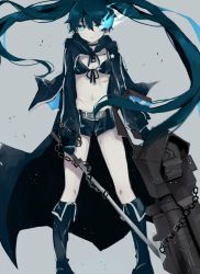 Rule 34 | 1girl, belt, bikini, bikini top only, black bikini, black footwear, black gloves, black hair, black rock shooter, black rock shooter (character), black shorts, blue eyes, boots, breasts, chain, choker, cleavage, flaming eye, floating hair, front-tie top, gloves, grey background, gun, hair between eyes, heremia, holding, holding gun, holding sword, holding weapon, knee boots, long hair, midriff, navel, parted lips, scar, short shorts, shorts, small breasts, solo, standing, star (symbol), star print, stomach, swimsuit, sword, twintails, very long hair, weapon