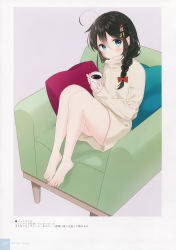 Rule 34 | 1girl, absurdres, barefoot, blue eyes, blush, bow, braid, brown hair, closed mouth, coffee, coffee mug, couch, cup, dress, hair bow, hair ornament, highres, holding, kantai collection, long hair, long sleeves, looking at viewer, mug, naoto (tulip), page number, pillow, red bow, scan, shigure (kancolle), simple background, single braid, sitting, sleeves past wrists, sweater, sweater dress, toes, turtleneck