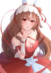 Rule 34 | 1girl, absurdres, animal ears, bare shoulders, breasts, brown hair, cleavage, commentary, detached sleeves, dress, ear covers, hair between eyes, highres, horse ears, horse girl, long hair, looking at viewer, medium breasts, red dress, red eyes, red ribbon, ribbon, sayosayo-0, simple background, solo, still in love (umamusume), umamusume, white background