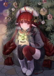 Rule 34 | 1girl, absurdres, ahoge, arknights, asymmetrical legwear, bauble, black thighhighs, boots, breath, christmas, christmas ornaments, christmas tree, cross-laced footwear, demon girl, demon horns, demon tail, fur-trimmed headwear, fur trim, grey scarf, grey sweater, happy birthday, hat, hemorina, highres, horns, lace-up boots, looking at viewer, mismatched legwear, night, outdoors, plaid, plaid scarf, red eyes, red hair, red thighhighs, santa hat, scarf, sidelocks, sitting, snow globe, solo, sweater, tail, thighhighs, thighs, vigna (arknights), white footwear