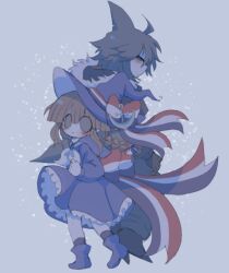 Rule 34 | 1boy, 1girl, anchor symbol, blue background, blue footwear, blue sailor collar, boots, bow, brown hair, candyseru, colored skin, dress, funamusea, grey eyes, grey hair, hat, huge bow, oounabara to wadanohara, pastel colors, sailor collar, sailor dress, samekichi (funamusea), shark boy, shark fin, wadanohara, white skin, witch, witch hat