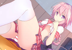 Rule 34 | 1boy, astolfo (fate), astolfo (sailor paladin) (fate), black bow, bow, braid, fate/apocrypha, fate (series), hair bow, highres, long hair, looking at viewer, male focus, menghuan tian, multicolored hair, neckerchief, official alternate costume, panties, pink eyes, pink hair, red neckerchief, red panties, red skirt, school uniform, serafuku, sitting, skirt, solo, striped clothes, striped panties, thighhighs, trap, underwear, white hair, white panties, white thighhighs