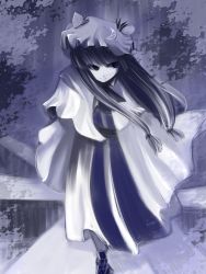 Rule 34 | 1girl, bad id, bad pixiv id, blue theme, crescent moon, dress, female focus, gradient background, hat, highres, long hair, mizuga, monochrome, moon, muted color, patchouli knowledge, solo, touhou