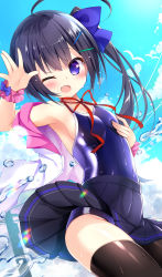 Rule 34 | 1girl, black hair, black thighhighs, blue eyes, blue one-piece swimsuit, blue skirt, blue sky, cloud, commentary request, competition school swimsuit, cowboy shot, fang, flat chest, hatsuhi, highres, jacket, long hair, looking at viewer, neck ribbon, one-piece swimsuit, open clothes, open jacket, original, pink jacket, pleated skirt, red ribbon, ribbon, school swimsuit, scrunchie, side ponytail, skin fang, skirt, sky, smile, solo, splashing, swimsuit, swimsuit under clothes, thighhighs, water