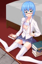 Rule 34 | 00s, 1girl, bad id, bad pixiv id, blue eyes, blue hair, book, breasts, clothes pull, gin (ginshari), highres, matching hair/eyes, open clothes, open shirt, panties, pantyhose, pantyhose pull, shirt, short hair, sitting, small breasts, solo, tabitha (zero no tsukaima), underwear, white pantyhose, zero no tsukaima