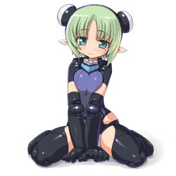 Rule 34 | 10s, 1girl, :3, aqua eyes, bad id, bad pixiv id, breasts, busou shinki, dd (ijigendd), doll joints, green hair, joints, maryceles, medium breasts, pointy ears, simple background, sitting, solo, v arms, wariza, white background