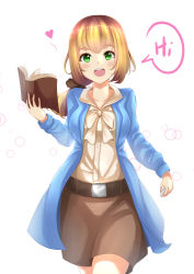 Rule 34 | 1girl, absurdres, blonde hair, blush, breasts, collarbone, ellen baker, english text, green eyes, highres, holmemee, looking at viewer, medium breasts, medium hair, new horizon, open mouth, smile, solo, speech bubble