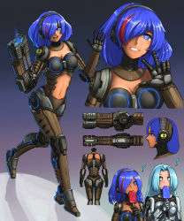 Rule 34 | 2girls, :d, arm cannon, blue eyes, blue hair, breasts, bright pupils, cleavage, commentary, cyborg, dark-skinned female, dark skin, doom (series), energy gun, english commentary, food, gradient background, grin, hair intakes, hair over one eye, headphones, highres, large breasts, light blue hair, long hair, looking at viewer, mecha musume, mechanical arms, mechanical legs, multicolored hair, multiple girls, multiple views, musical note, one eye covered, open mouth, personification, plasma rifle, popsicle, red hair, simple background, smile, streaked hair, substance20, two-tone hair, w, waving, weapon