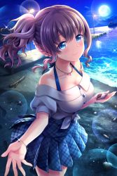 Rule 34 | 1girl, absurdres, alternative girls, arimura shion, beach, blue eyes, blue skirt, breasts, brown hair, cleavage, closed mouth, full moon, highres, holding, jewelry, looking at viewer, moon, necklace, night, ocean, official art, open hand, seashell, shell, shirt, skirt, smile, solo, white shirt