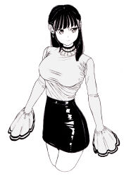 Rule 34 | 1girl, bad id, bad pixiv id, black hair, black skirt, breasts, closed mouth, dende (dndn222), earrings, greyscale, hair behind ear, high-waist skirt, highres, jewelry, large breasts, light smile, long hair, long sleeves, looking to the side, monochrome, original, scan, scan artifacts, shirt, skirt, sleeves past fingers, sleeves past wrists, solo, standing, traditional media, turtleneck