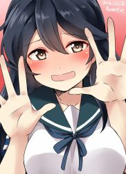 Rule 34 | 10s, 1girl, artist name, black hair, blush, breasts, brown eyes, collarbone, dated, eyebrows, hair between eyes, highres, kamelie, kantai collection, long hair, looking at viewer, medium breasts, one-hour drawing challenge, open mouth, red background, school uniform, short sleeves, simple background, solo, spread fingers, ushio (kancolle)