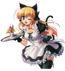Rule 34 | 1girl, absurdres, animal ears, bekkankou, bell, black thighhighs, blonde hair, blue eyes, breasts, cat ears, cat tail, cherry, cleavage, food, fortune arterial, fruit, garter belt, garter straps, gloves, highres, large breasts, name tag, one eye closed, parfait, ribbon, sendou erika, solo, tail, thighhighs, transparent background, tray, waitress, wink
