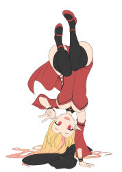 Rule 34 | 1girl, artist request, black thighhighs, blonde hair, breasts, character request, flat color, full body, handstand, hat, highres, large breasts, long hair, lycoris challenge (meme), lycoris recoil, open mouth, pointy ears, red eyes, shoes, smile, thighhighs, v, white background, witch, witch hat