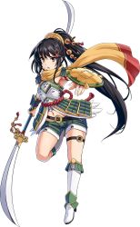 Rule 34 | 1girl, armor, armpits, black hair, boots, breastplate, coin hair ornament, full body, green shorts, hair ornament, hairpin, high heel boots, high heels, holding, holding polearm, holding spear, holding weapon, iwabitsu (oshiro project), kekemotsu, long hair, midriff, navel, official art, orange scarf, oshiro project:re, oshiro project:re, polearm, ponytail, purple eyes, scarf, short shorts, shorts, sleeveless, solo, spear, transparent background, very long hair, weapon, white footwear, white legwear