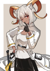 Rule 34 | 1girl, ;), animal ear fluff, animal ears, arknights, black gloves, black skirt, breasts, carnelian (arknights), cleavage, closed mouth, dark-skinned female, dark skin, gloves, grey background, grey hair, half gloves, hand on own hip, hand up, head tilt, highres, horns, jacket, long sleeves, looking at viewer, mabing, medium breasts, one eye closed, open clothes, open jacket, shirt, short hair, skirt, smile, solo, two-tone background, white background, white jacket, white shirt