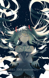 Rule 34 | 1girl, absurdres, anniversary, black skirt, blush, book, character name, closed eyes, closed mouth, detached sleeves, facing viewer, floating hair, hair between eyes, hatsune miku, highres, light smile, long hair, night, night sky, open book, paper, pleated skirt, re:rin, sidelocks, skirt, sky, smile, solo, twintails, upper body, very long hair, vocaloid