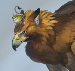 Rule 34 | animal focus, beak, bird wings, black eyes, chimera, creature, creature on head, feathered wings, from side, grey background, griffin, lion tail, monster, nablange, no humans, original, simple background, size difference, tail, wings, yellow eyes