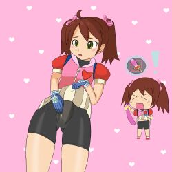Rule 34 | !, &gt; &lt;, 1girl, bike shorts, bike shorts under skirt, breasts, brown hair, closed eyes, clothes lift, club (weapon), drawfag, flustered, gloves, green eyes, hair ribbon, hand on own stomach, heart, highres, legs, lifting own clothes, object insertion, open mouth, ribbon, saru getchu, sayaka (saru getchu), skirt, skirt lift, small breasts, smile, solo, thighs, twintails