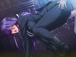Rule 34 | 1boy, 1girl, all fours, ass, ass grab, black lilith, blush, boots, breasts, butler, censored, clothed sex, curvy, doggystyle, eyepatch, feet, formal, game cg, hanging breasts, hetero, kagami hirotaka, large breasts, long hair, looking back, nail polish, onmyou kishi towako, open mouth, penis, purple hair, pussy juice, saliva, sex, sex from behind, shiki reika, sweat, vaginal, yellow eyes