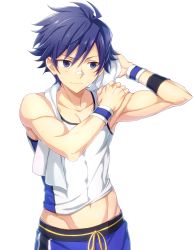 Rule 34 | 10s, 1boy, armpits, bad id, bad twitter id, bandaid, bandaid on face, bandaid on nose, biceps, blue eyes, blue hair, cowboy shot, groin, idolmaster, idolmaster side-m, male focus, matching hair/eyes, muscular, muscular male, nesuop (sm nesuop), simple background, solo, sweat, taiga takeru, tank top, towel, towel around neck, white background, wristband