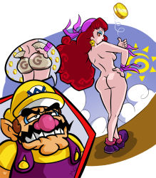 Rule 34 | 1boy, 1girl, artist name, ass, backboob, bandana, big nose, breasts, captain syrup, coin, coin flip, drawfag, earrings, eyeliner, facial hair, flipping coin, from behind, hand on own hip, hat, inset, jewelry, long hair, makeup, mario (series), mario grant, mustache, nintendo, nude, pirate, red eyes, red hair, signature, standing, suspenders, wario, wario land, wario land: shake it!