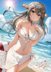 Rule 34 | 1girl, absurdres, bare arms, bare shoulders, bikini, blue sky, blush, breasts, brown eyes, cleavage, cloud, commentary request, commission, cowboy shot, day, grey hair, hairband, haruna (kancolle), haruna kai ni (kancolle), highres, kantai collection, large breasts, long hair, looking at viewer, navel, ocean, sarong, skeb commission, sky, smile, solo, standing, stomach, sun, swimsuit, thank you, thighs, water, white bikini, yam (yamap mako), yellow hairband