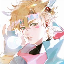 Rule 34 | 1boy, absurdres, battle tendency, blonde hair, blue gloves, blowing bubbles, caesar anthonio zeppeli, ez 1011, facial mark, feather hair ornament, feathers, fingerless gloves, gloves, green eyes, hair between eyes, hair ornament, headband, highres, jojo no kimyou na bouken, looking at viewer, male focus, ok sign, parted lips, portrait, short hair, simple background, solo, turtleneck, upper body, white background